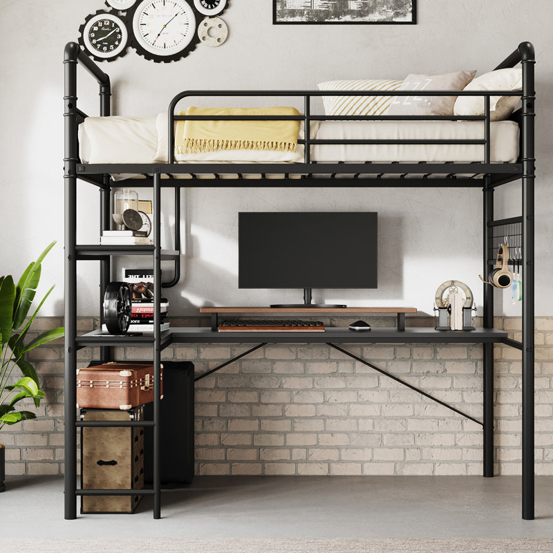 Twin Loft Bed with L-Shaped Desk, Metal Bunk Bed Frame with 2 Open Shelves & Decorative Mesh Panel, Guardrails & Ladder, No Box Spring Needed