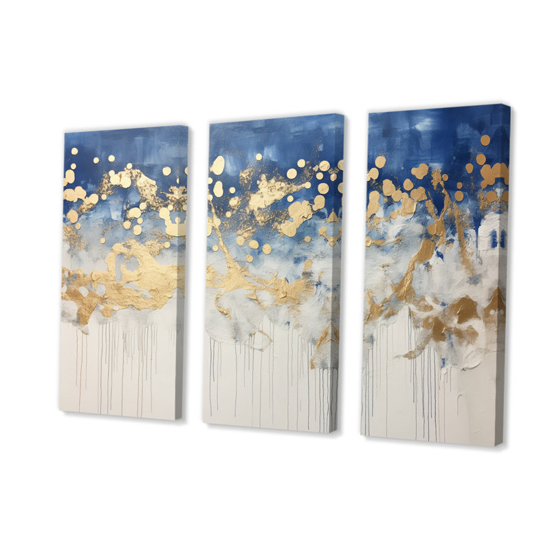 Tapisserie azur abstraite dorée et bleue IV sur toile, 3 pièces, H 28 po x l 36 po x P 1 po