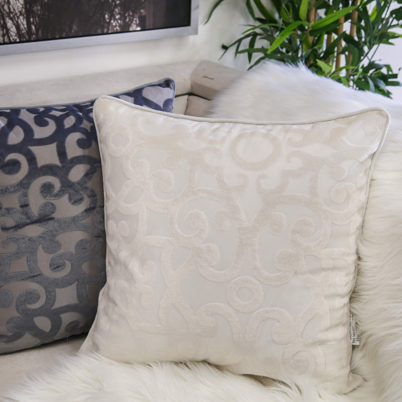 Damask Velvet Throw Pillow, Ivory