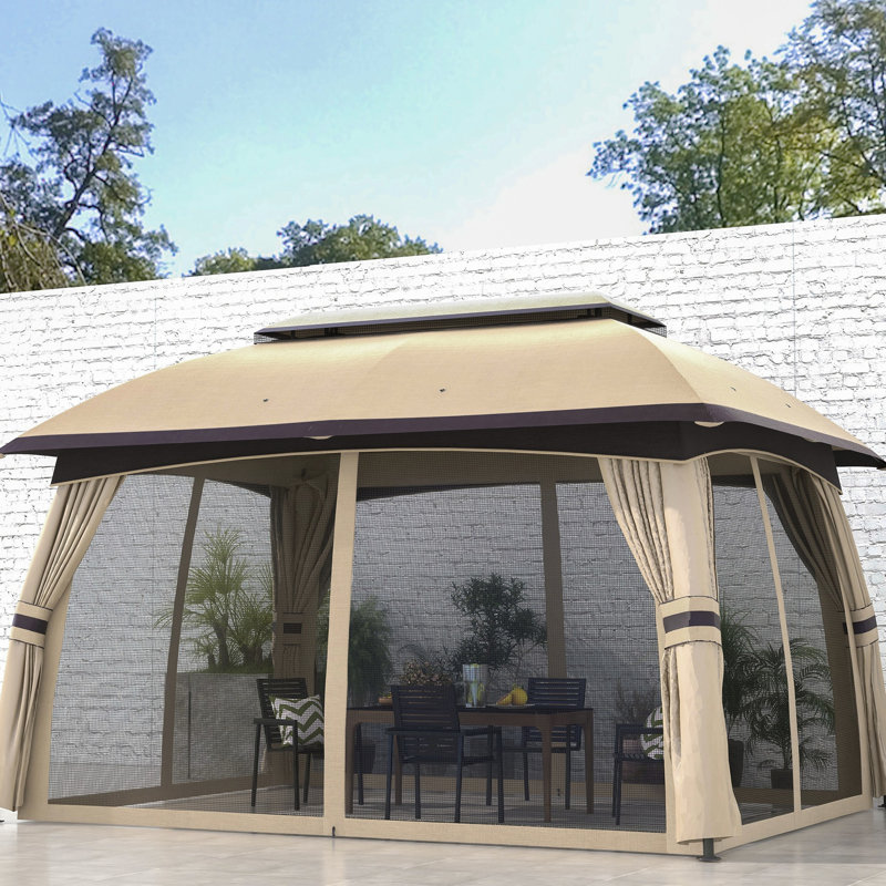 Pavillon de jardin 10 pi x 13 pi avec filet, beige Grande et spacieuse pour 8 personnes. Toit ventilé, jardin à cadre en acier, pelouse, terrasse dans la cour. Assemblage du pavillon de jardin, filet à baldaquin beige. 2 nécessaires