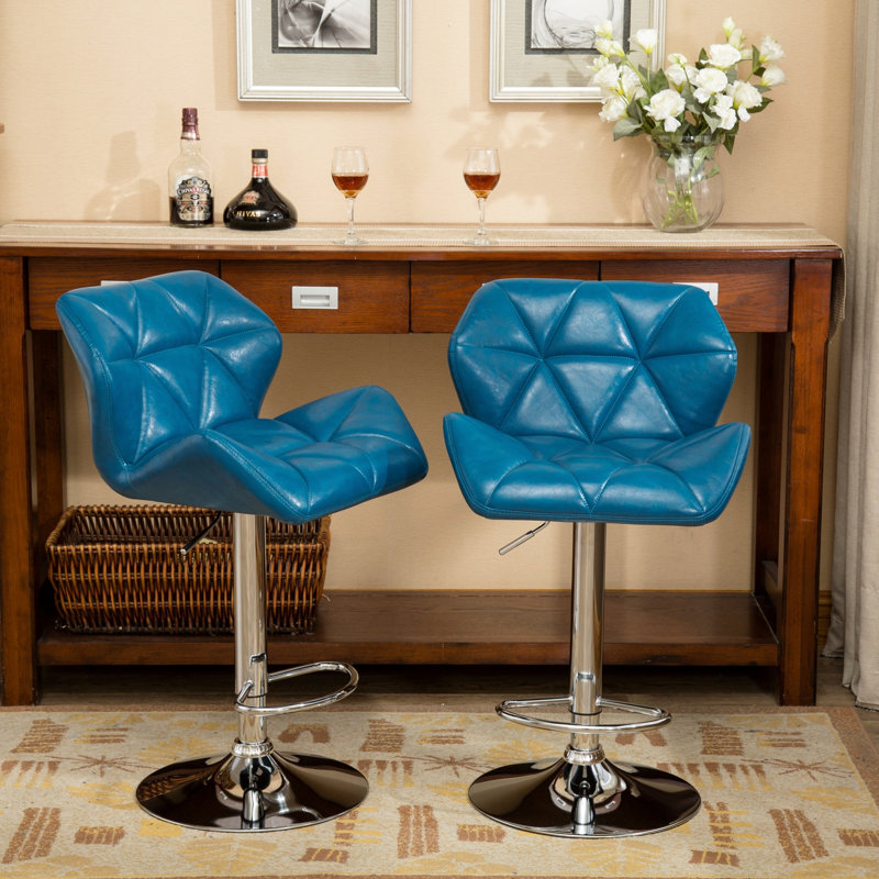 Diljana Swivel Upholstered Adjustable Height Counter Stool with Metal Frame, Blue