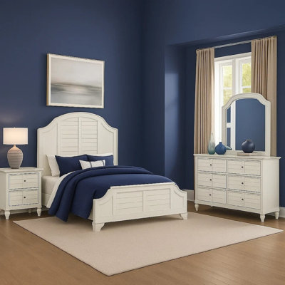 Kyna 4Pc Queen Bedroom Set, Curved Louvered Headboard, Antique White