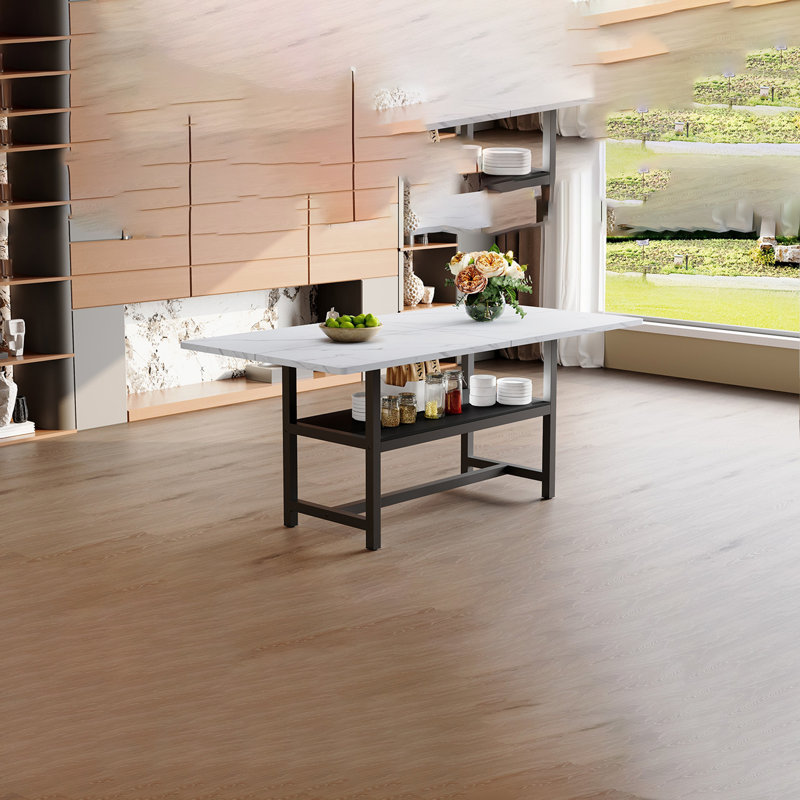 Une table de salle à manger de 71 x 35,4 pouces avec un plateau habilement assemblé par quatre panneaux de fibres à densité moyenne texturés. Le bureau possède une plateforme de rangement de 43,3 x 19,7 po. Très approprié pour les réunions de famille, etc.