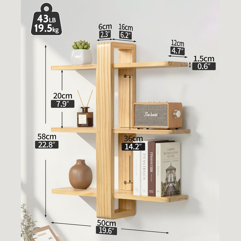 58 cm H x 50 cm W Solid Wood Floating Shelf Bookcase