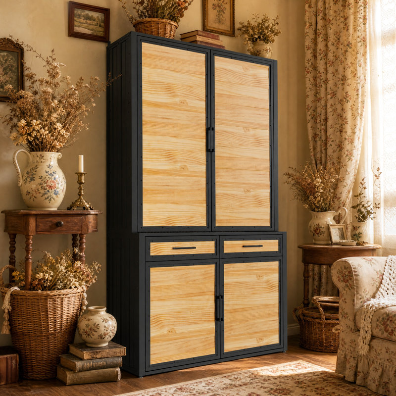 Armoire de rangement autoportante de 47,2 po x P 16,9 po x H 82,7 po avec 4 portes, 2 tiroirs et tablettes perforées intégrées