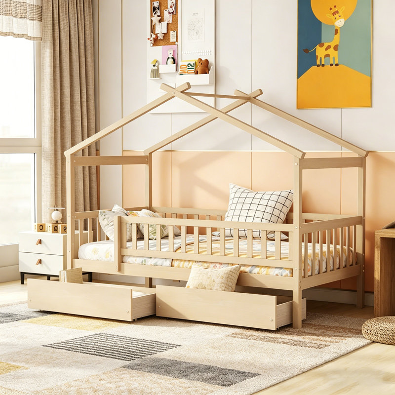 Lit simple en bois avec deux tiroirs et conception robuste pour les chambres d'enfants et les petits espaces, Naturel