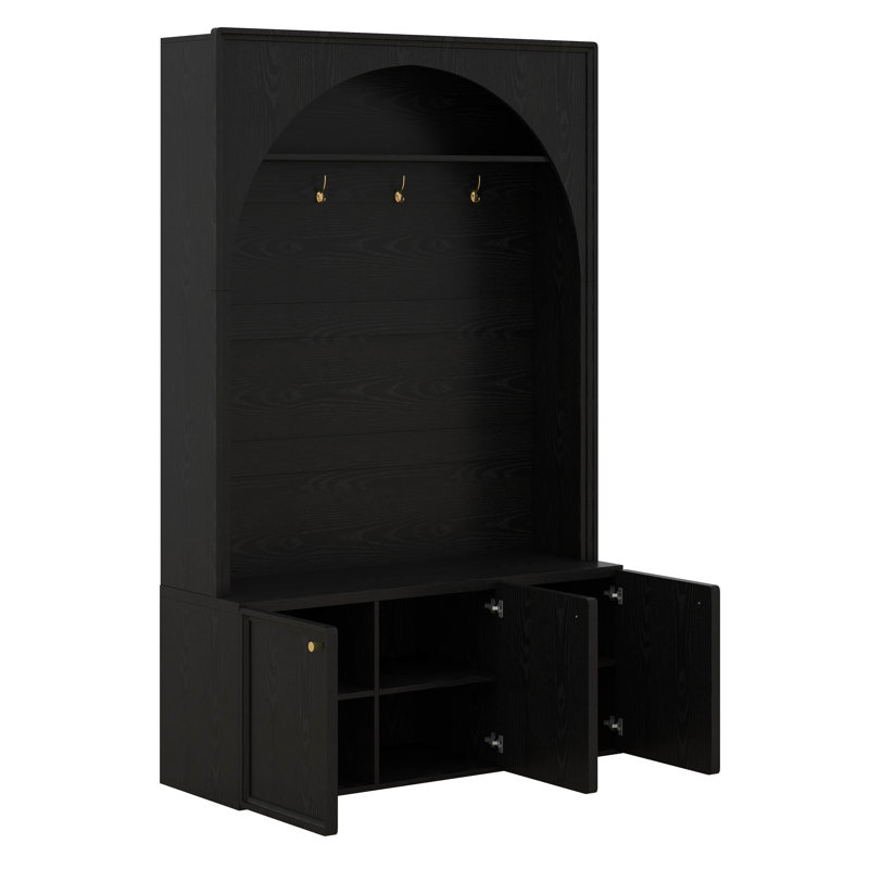 Arched Hall Tree With Storage Bench, 4 Golden Hooks, Entryway Bench With 3 Cabinets And Adjustable Shelves, Black