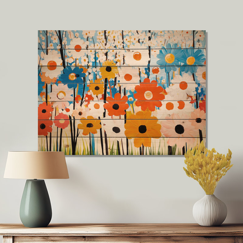 Impressionnistes floraux, champ de tournesols - Botanicals, impression sur bois rouge sur bois de pin naturel