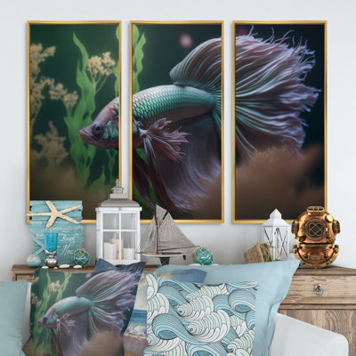 Magnifique Bettafish dans des tons de bleu et mauve V - ensemble d'art mural sur toile de poisson animal_80667