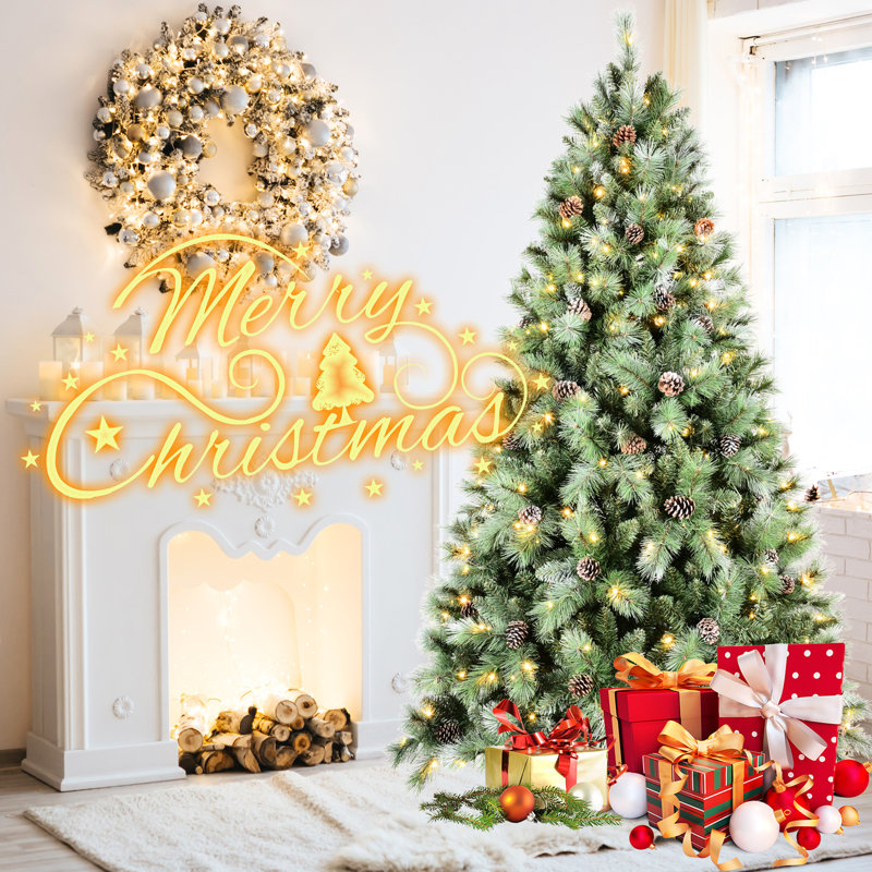Arbre de Noël de 7,5 pi avec 450 lumières à DEL blanc chaud pré-enfilées, 1588 pointes mixtes, 92 branches de pin, support en métal pour une durabilité à long terme et une branche à charnière à aiguille dure