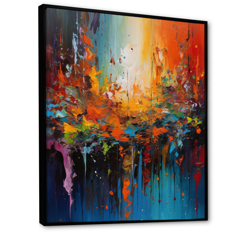 Orange, bleu sarcelle, fusion cubiste, art sur toile, H 32 po x l 24 po x P 1 po, Cadre flottant noir