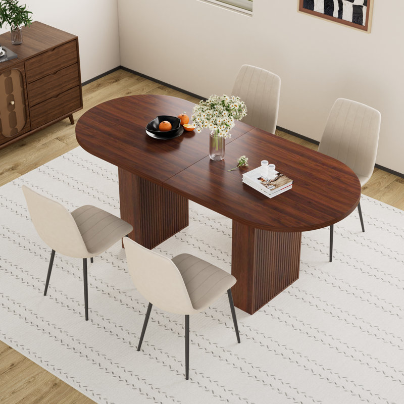 Mid Century Oval Pedestal Dining Table Sets, Beige, 5 Pieces: Table, 4 Chairs, Walnut