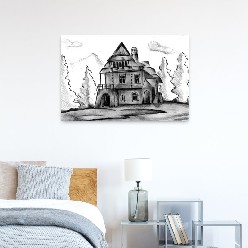 Affiche murale représentant un mystérieux manoir de montagne, une architecture gothique rustique et traditionnelle en forêt