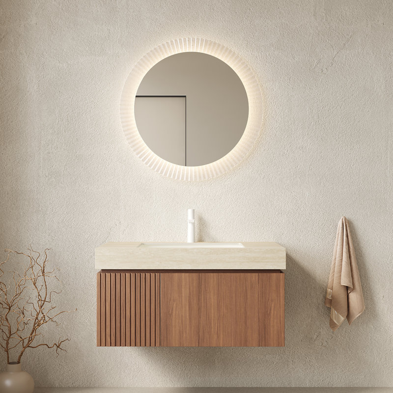 Armoire de rangement flottante en chêne brun 36 pouces avec plateau en pierre frittée Roma Travertine, Chêne brun, L 36 po