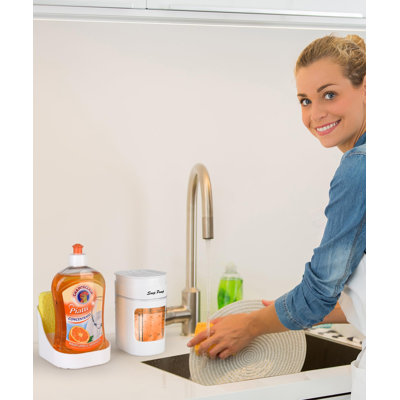 Distributeur de savon de cuisine de 411 ml (14,5 oz), ensemble 3 en 1 avec porte-éponge et distributeur de savon à vaisselle, pompe à savon en ABS sans BPA avec plateau anti-fuite amovible, éponge en bois incluse.