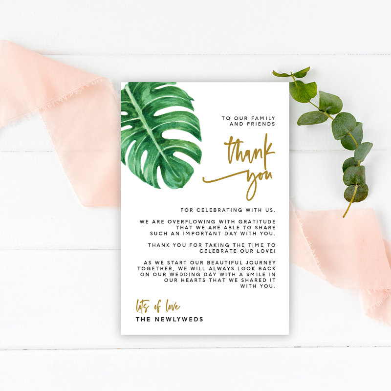 Planche de mariage tropicale avec feuilles de remerciement pour la réception de table, assiettes, famille, amis, paquet de 56