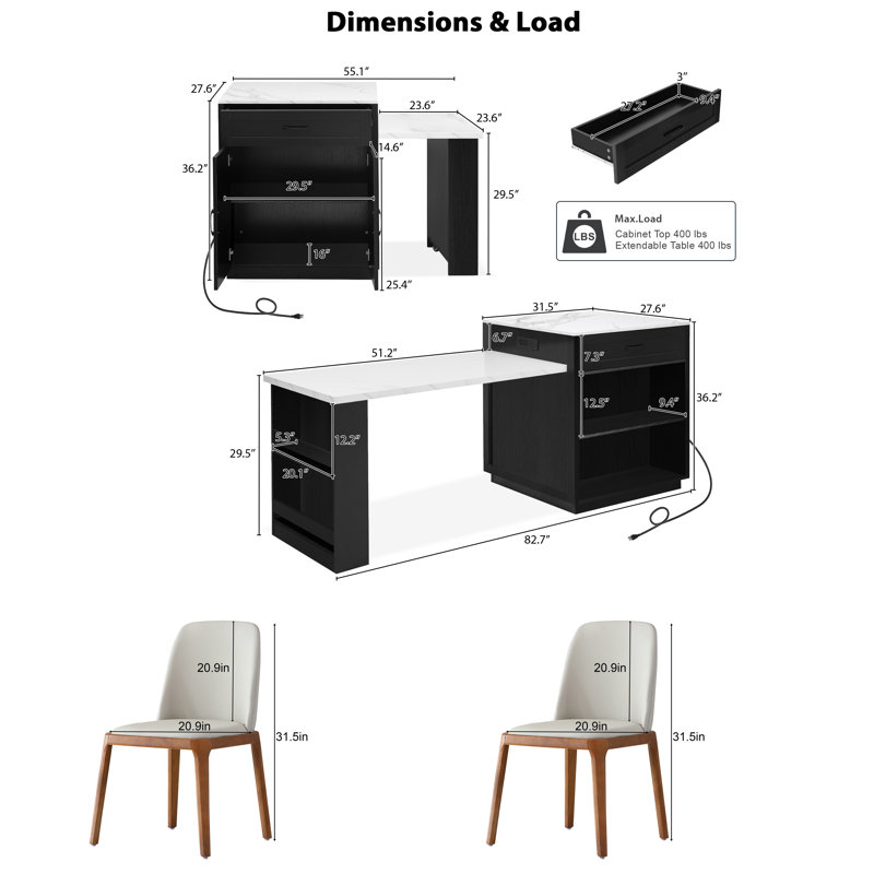 3 Piece Kitchen Bar Table Set Kitchen Island Set With 2 Stools, Island Table Set With Seating, Storage Cabinet, Drawers
