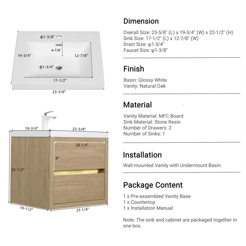 Meuble-lavabo mural 24 po avec lavabo, meuble de rangement flottant pour salle de bain avec comptoir en résine de pierre et tiroirs à fermeture en douceur