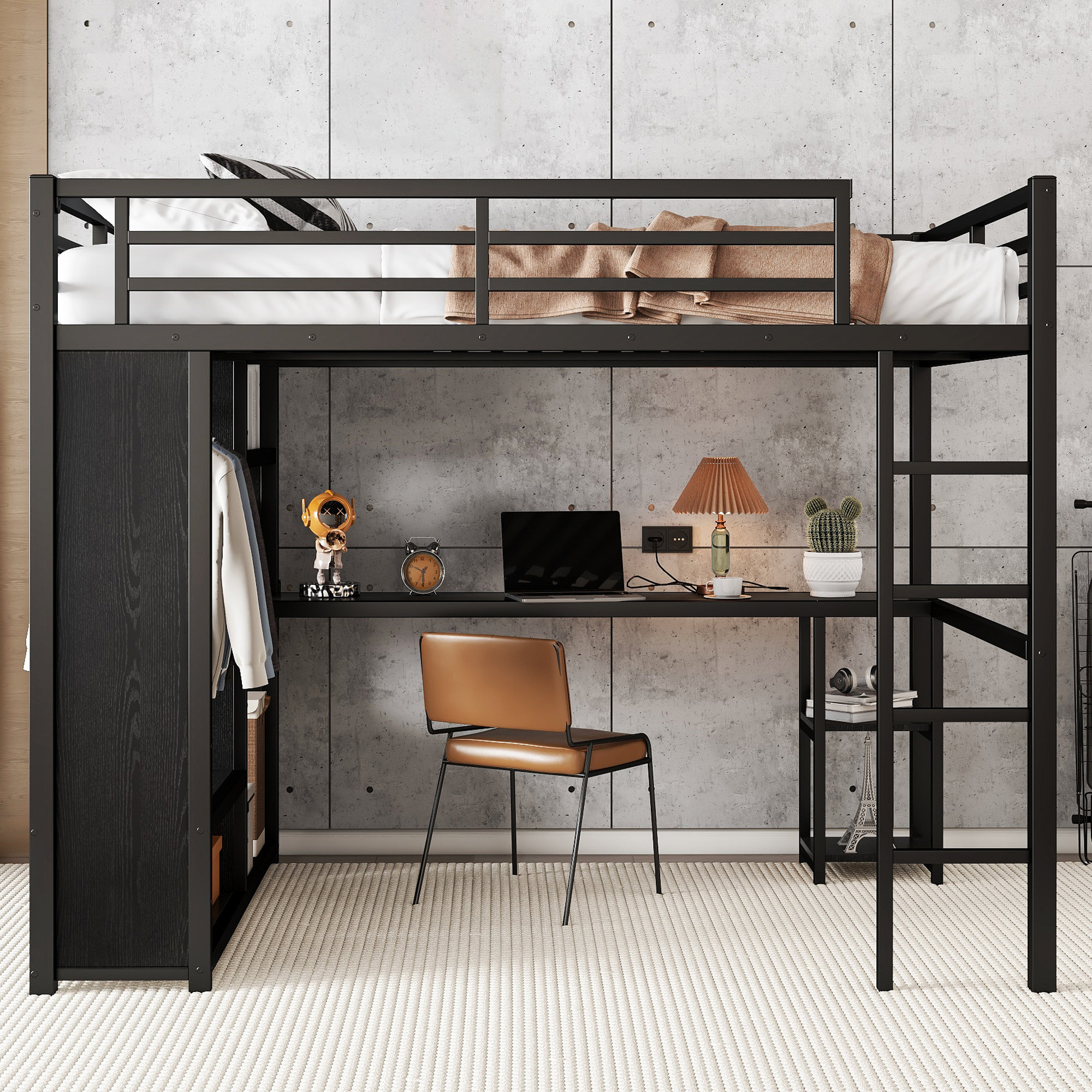 Hokku Designs Metal Queen Loft Bed With Desk, Wardrobe, Storage Shelves ...