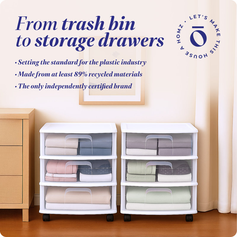 Homz Plastic 3 Clear Drawer Small Rolling Storage Container Tower, White, 2 Pack