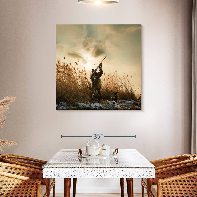 Canard chasseur et chien, H 39 po x l 39 po