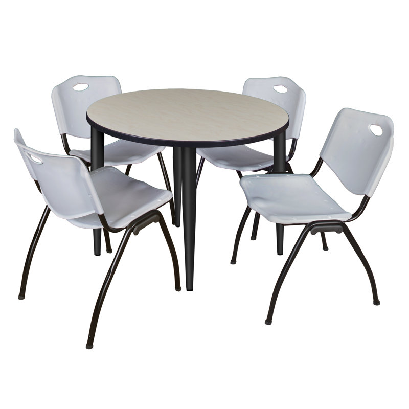 Dessus de table, base et 4 chaises empilables Kahlo, Érable / noir / gris