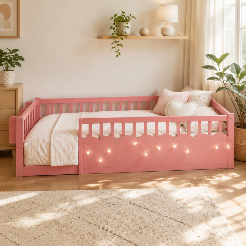Lit simple pour enfants Montessori, structure de lit basse en bois avec garde-corps de sécurité, guirlande lumineuse et bibliothèque intégrées, aucun sommier requis, facile à assembler, aucun sommier requis