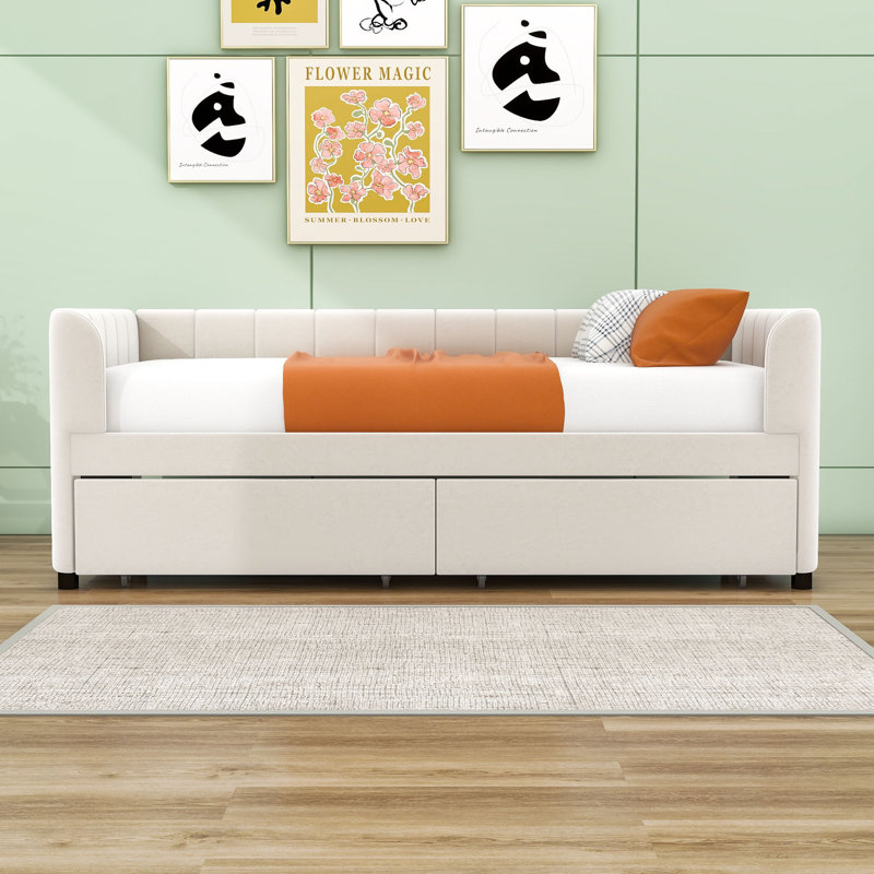 Amneris Twin Size Upholstered Daybed with 2 Drawers, Beige