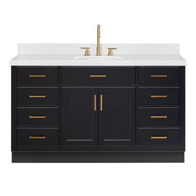 Ensemble de meuble-lavabo simple en bois massif avec plateau en quartz Carrara de 1,5 po Thornaby