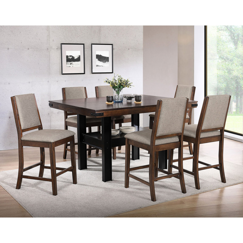 Transitionnel avec 6 chaises rembourrées et une table rectangulaire en chêne de manguier, 7 chaises de table de salle à manger en tissu gris de style industriel