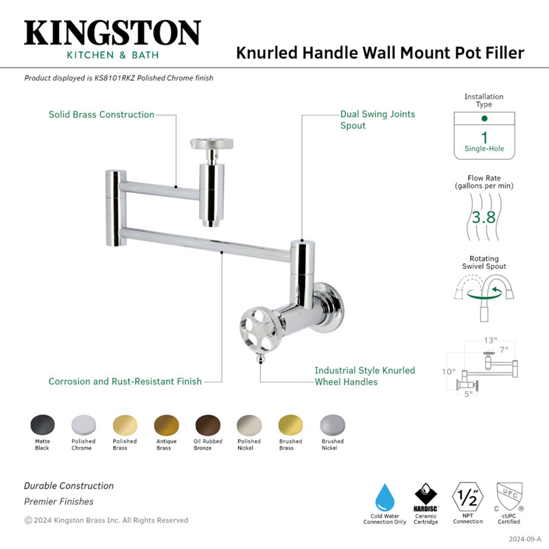 Kingston Brass Wendell Two-Handle 1-Hole Wall Mount Pot Filler Faucet with Knurled Handle, Brushed Brass
