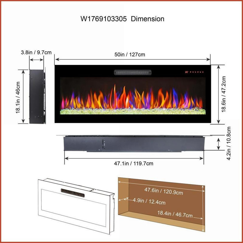 Electric Fireplace, 50 Inch Recessed/Wall Mounted with Remote, Multi-Color Flame | Tempered Glass+Sheet Metal