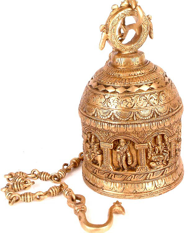 36" Brass Nava Durga Hanging Bell - Handmade Nine Forms of Durga Temple Puja Decor Ritual Bell