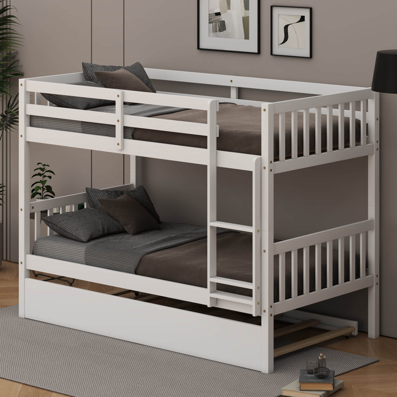 Twin Over Twin Rubber Wood Bunk Bed – Twin-Size Trundle, Ladder, Safety Guardrails + Convertible To Twin Beds, White