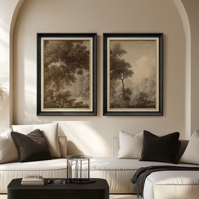 Sepia Woodland Scenery Antique Rustic - Set of 2 Premium Framed Wall Art Print on Paper 26"x36"