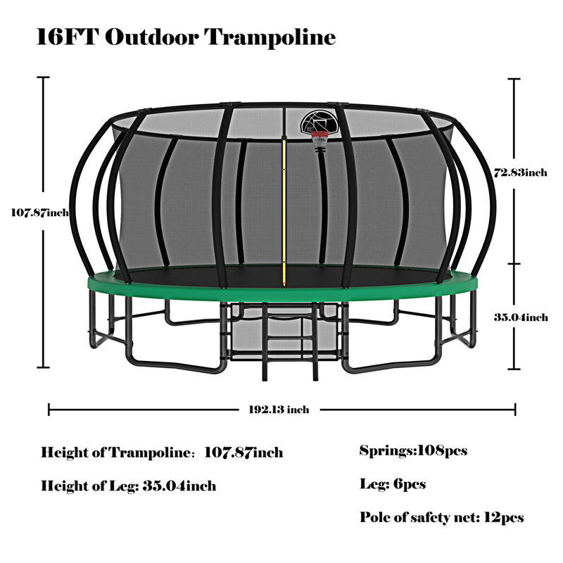 16FT Green Round Heavy Duty Trampoline with Ladder and Basketball Hoop