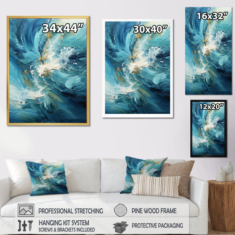 Océan blanc et courants bleus sur toile, H 32 po x l 16 po x P 1 po, Cadre flottant blanc
