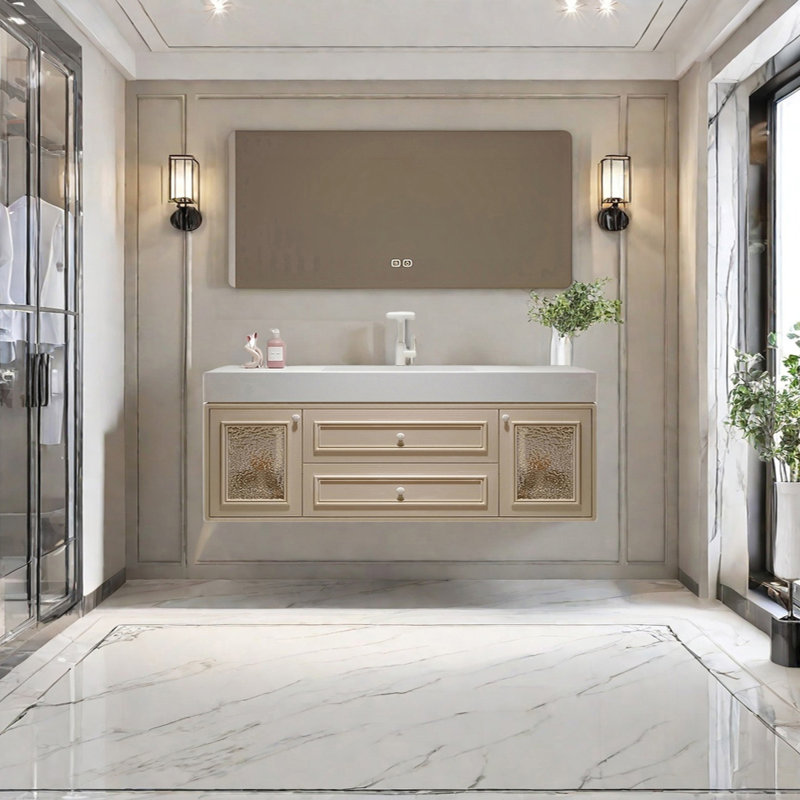 French cream style smart bathroom cabinet, Light Brown, 19.68" H x 59.05" W x 21.65" D