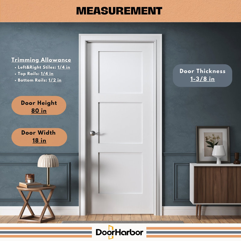 Prehung Interior Door, 3-Panel Shaker Design, White Primed, Solid Core, With Jambs Kit, Hinges, And Pre-Drilled Lock & Hinge Holes