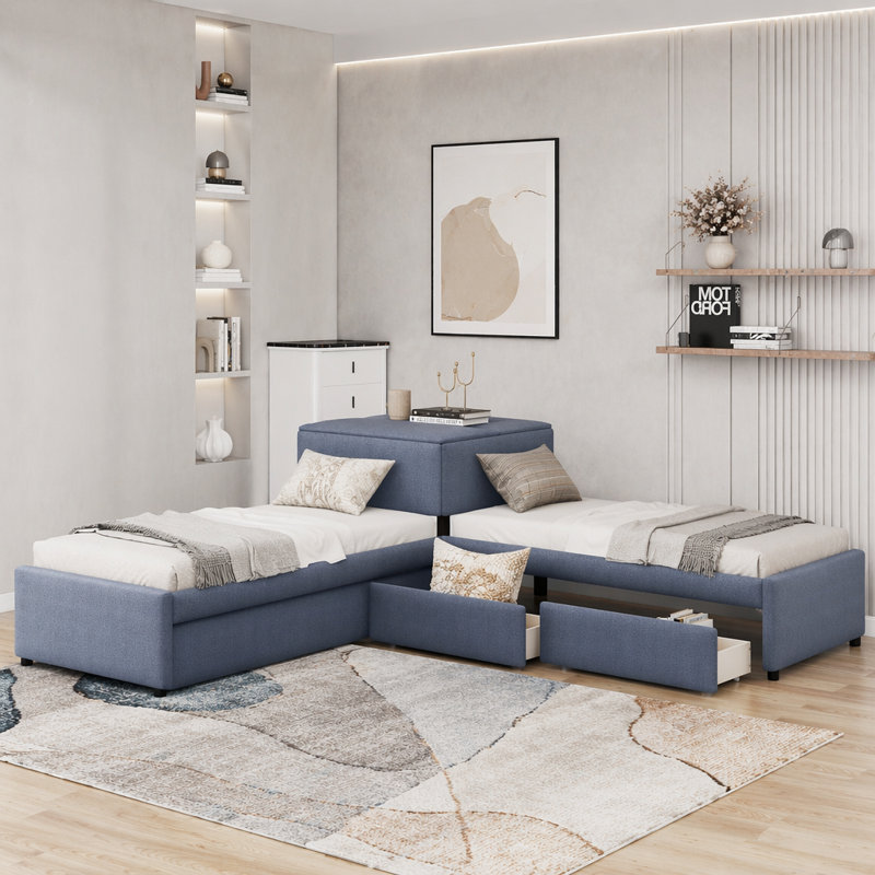 Lit plateforme tapissier en L avec lit gigogne, tiroirs et bureau intégré, Gris
