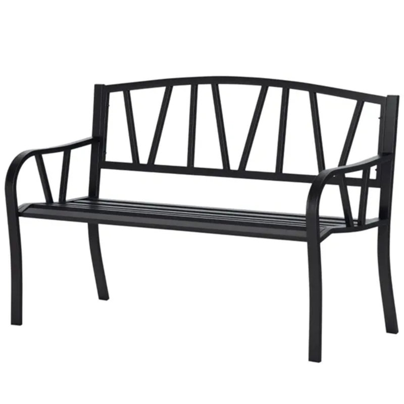 Banc de jardin noir 50,5 × 22 × 33,75 po, chaise de véranda 2 places avec dossier et accoudoirs en forme de V, structure en acier