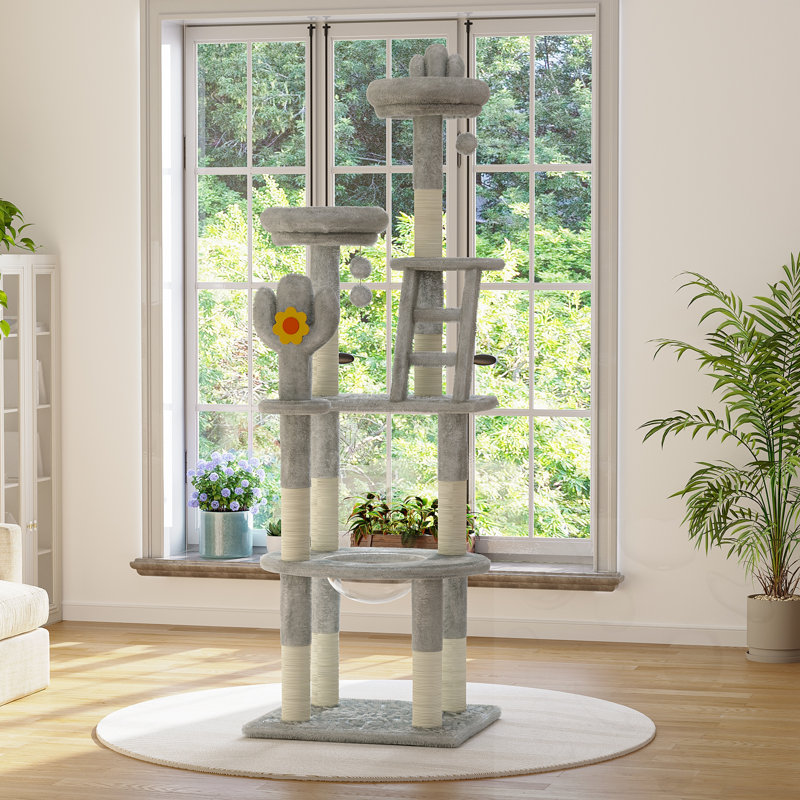 Arbre à chat avec capsule transparente, poteaux à griffer, perchoirs et jouets, Gris