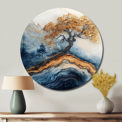 «Aqua Infinite Golden Tree of Life II», art mural rond en métal
