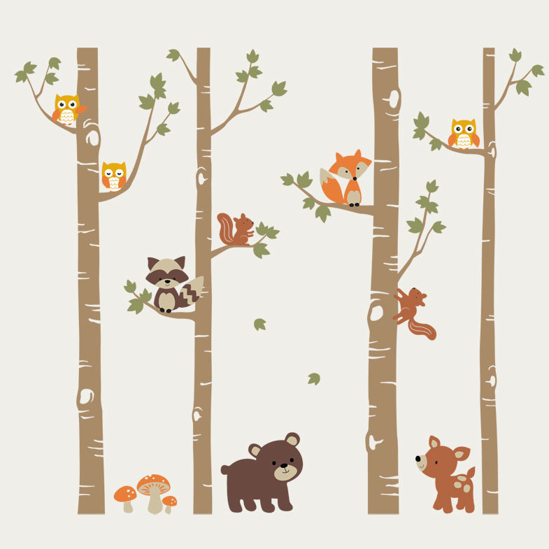 Adhésif décoratif bouleaux avec de jolis animaux de la forêt, Schéma B, H 120 po x l 112 po
