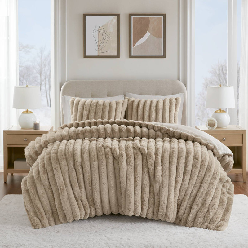 Jasmine Taupe Ultrasoft Faux Fur 3-Piece King Ribbed Comforter Set, Taupe, King Comforter + 2 King Shams