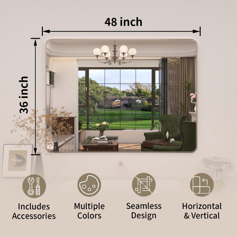 Lucha Brushed Nickel Framed Wall Mounted Bathroom Vanity Mirror with Tempered Glass, 48" x 36", Brushed Nickel