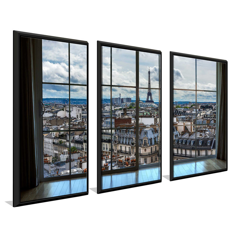 Ensemble de 3 reproductions d’art sur toile sur cadre flottant « Paris Rooffaces 8 window », H 33,5 po x l 52,5 po x P 2 po