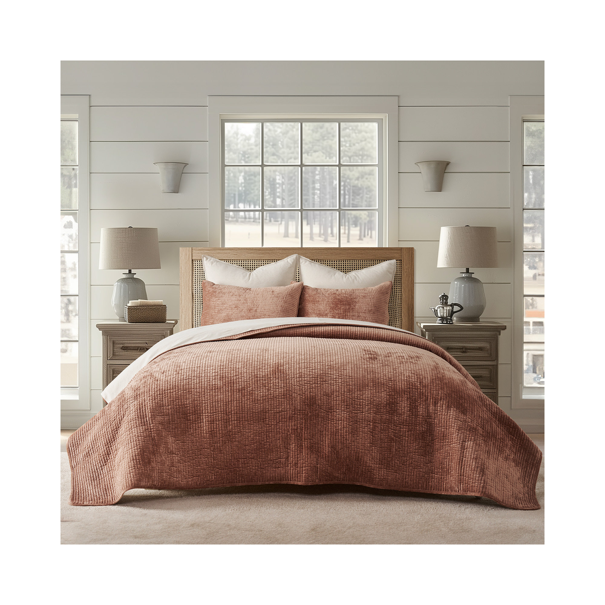 Striped Channel Velvet Quilt Set, Terracotta Clay, Queen