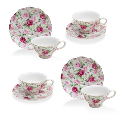 Rose Chintz Porcelain 8-Ounce Tea Cup And Saucer Set Of 4, Summer Rose