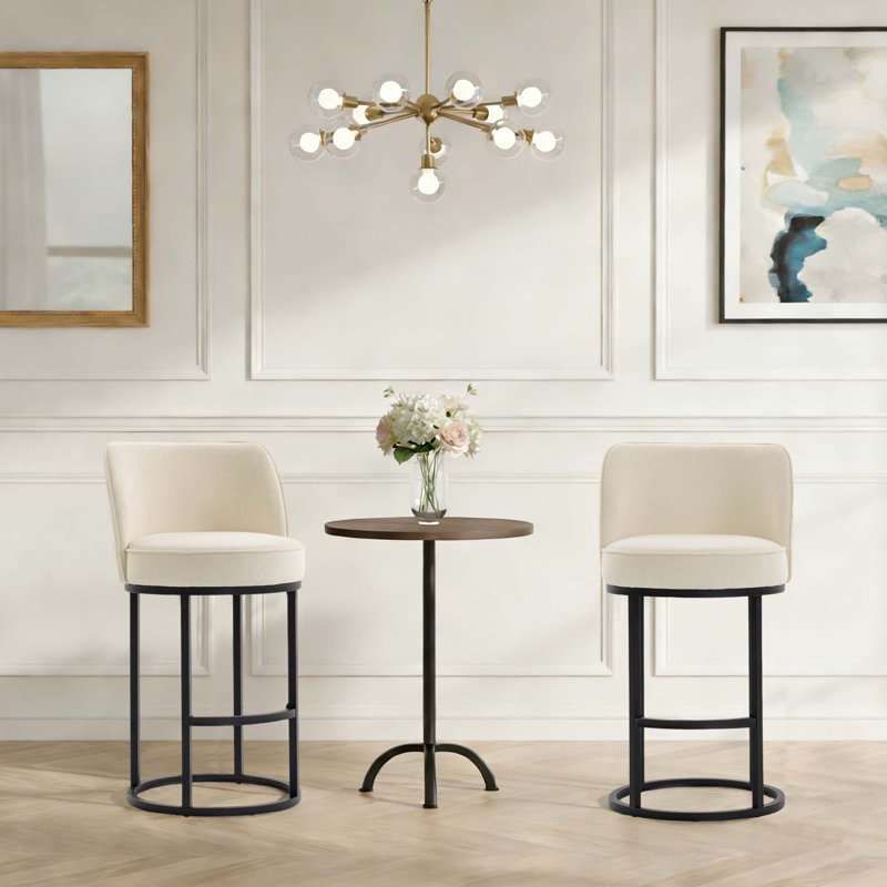 Ensemble de 2 tabourets de bar modernes en forme de tonneau, revêtement en lin, dossier doux, chaises de bar en fer, idéal pour les îlots de cuisine et les salles à manger